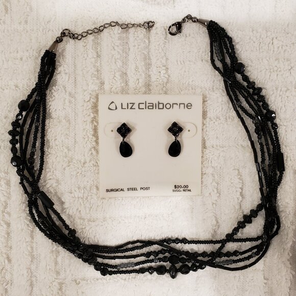 Liz Claiborne Jewelry - Vintage Liz Claiborne Black Multistrand Beaded Necklace & Earring Set